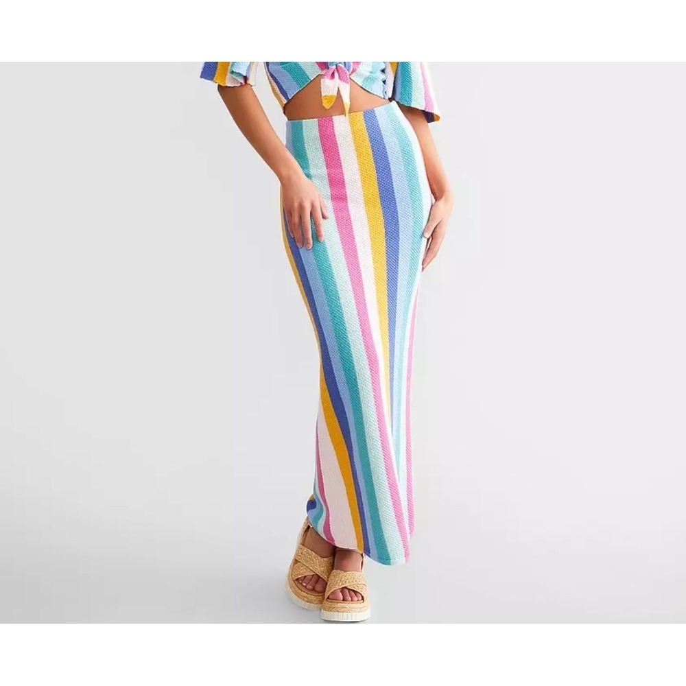 Multicolor Vertical Stripe Knit Maxi Skirt High Waisted Summer Beach Bodycon L